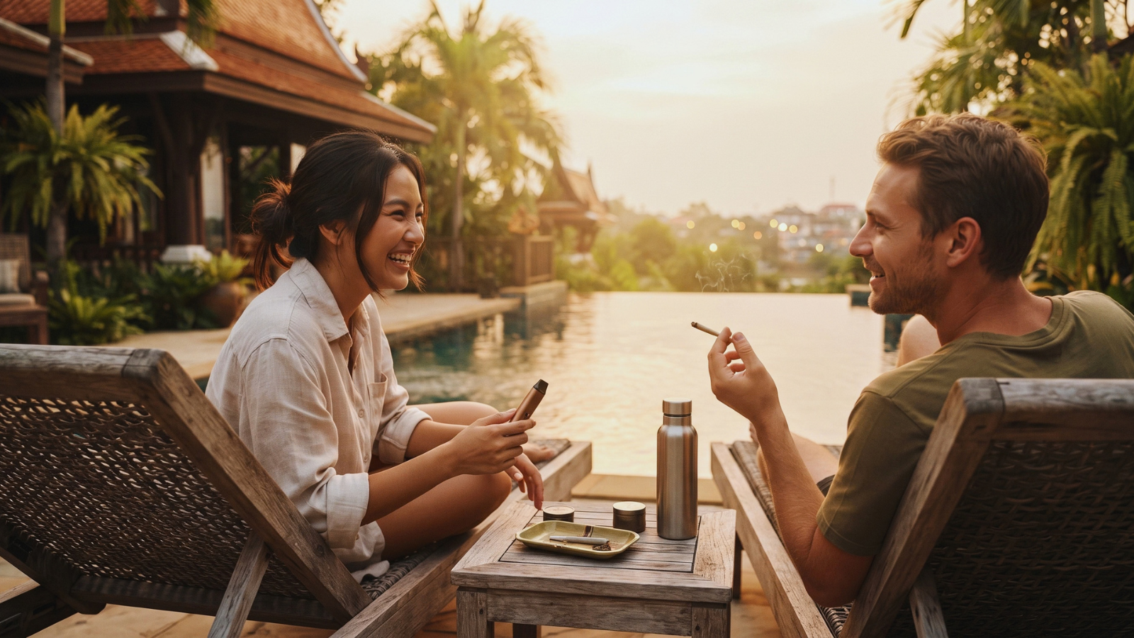 Couple laughing poolside at luxury tropical villa during warm sunset golden hour.
