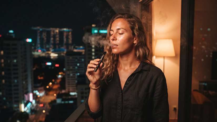 Woman relaxing on a balcony with a vape pen at night.