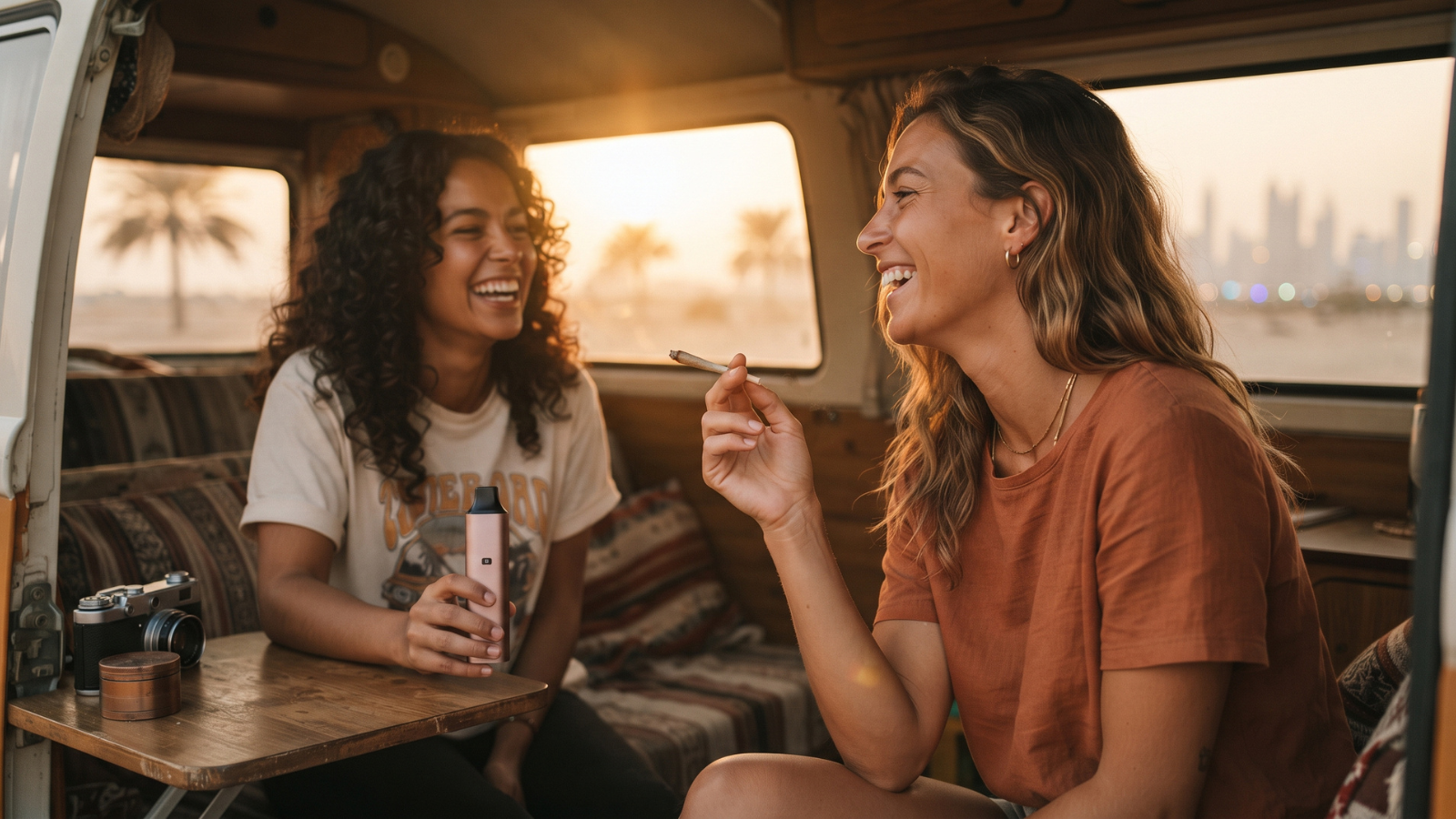 Two women laugh, sharing a joint inside a vintage van during golden hour.