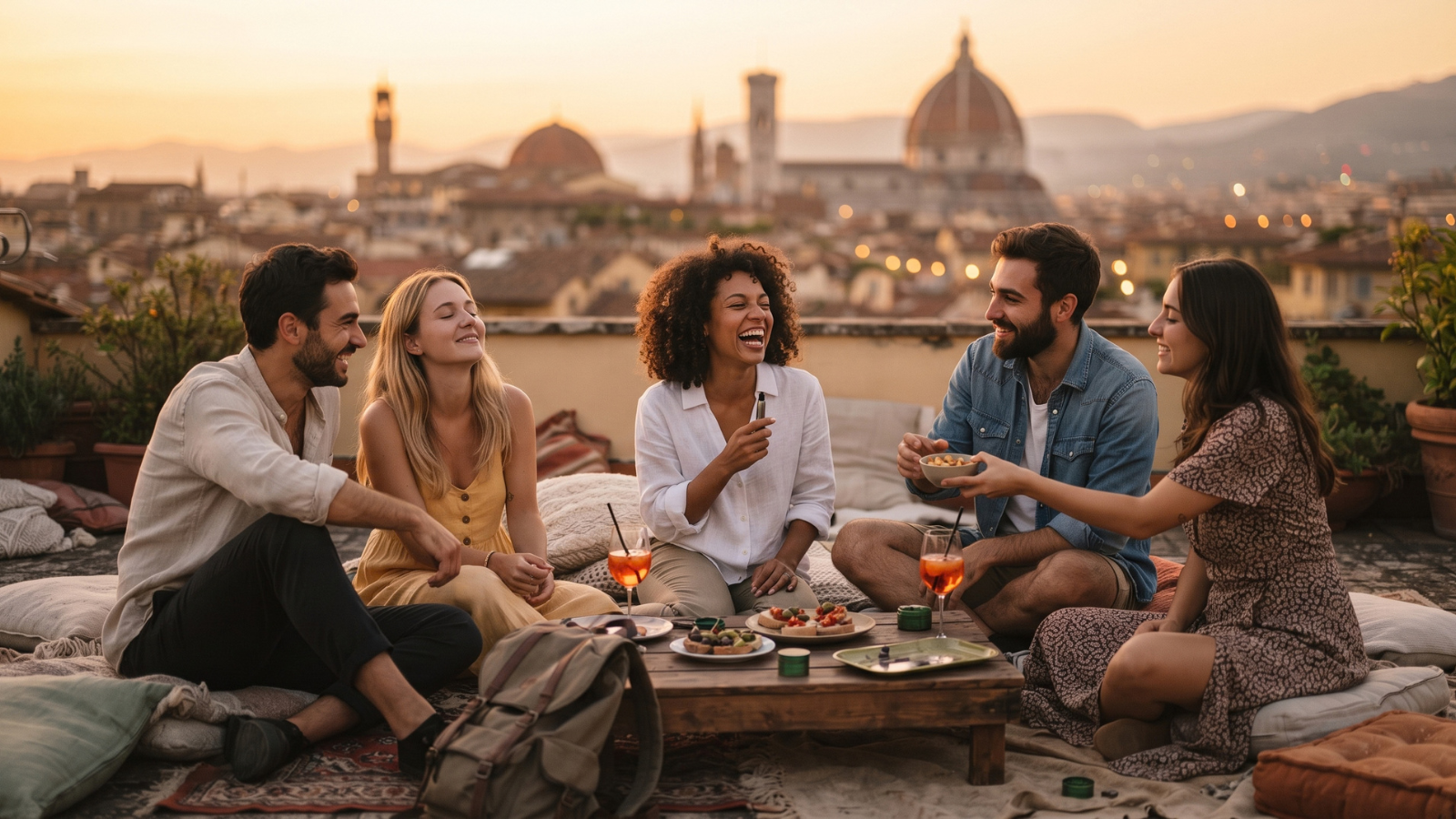 Friends relaxing together on a rooftop terrace at dusk with drinks and snacks