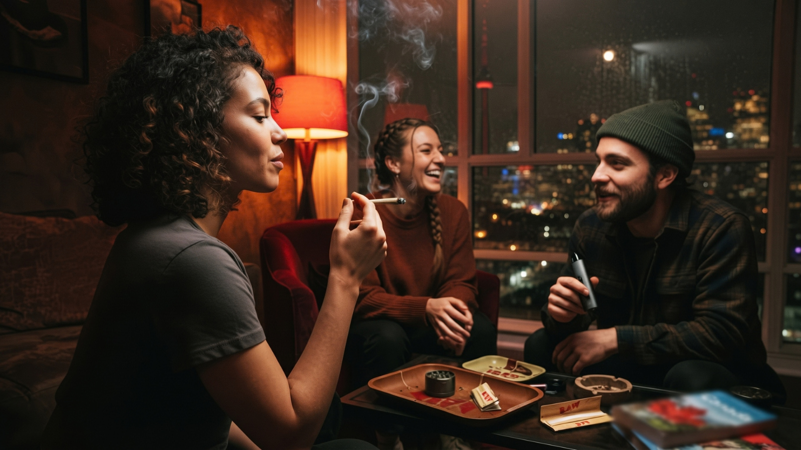 Rainy night apartment scene with three subjects and atmospheric smoke, shallow depth.