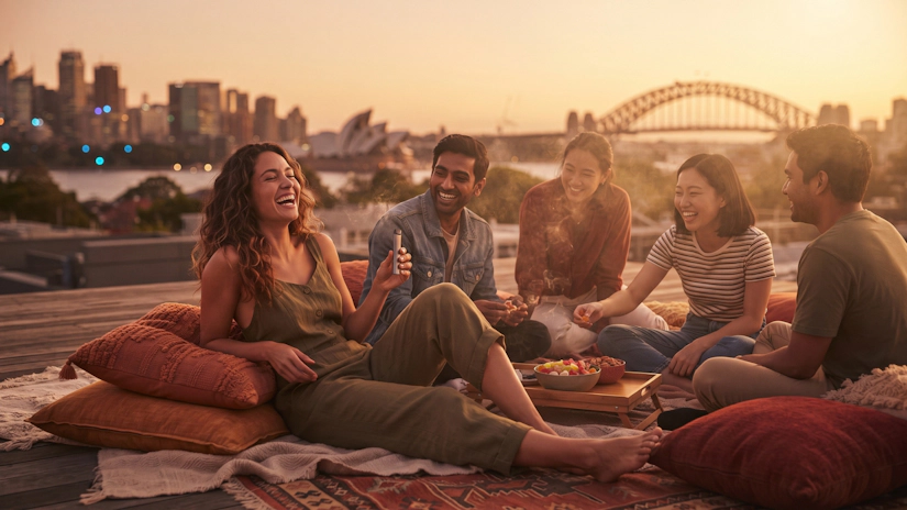 Communal cannabis lifestyle photo with diverse group enjoying magic hour glow on urban rooftop deck.