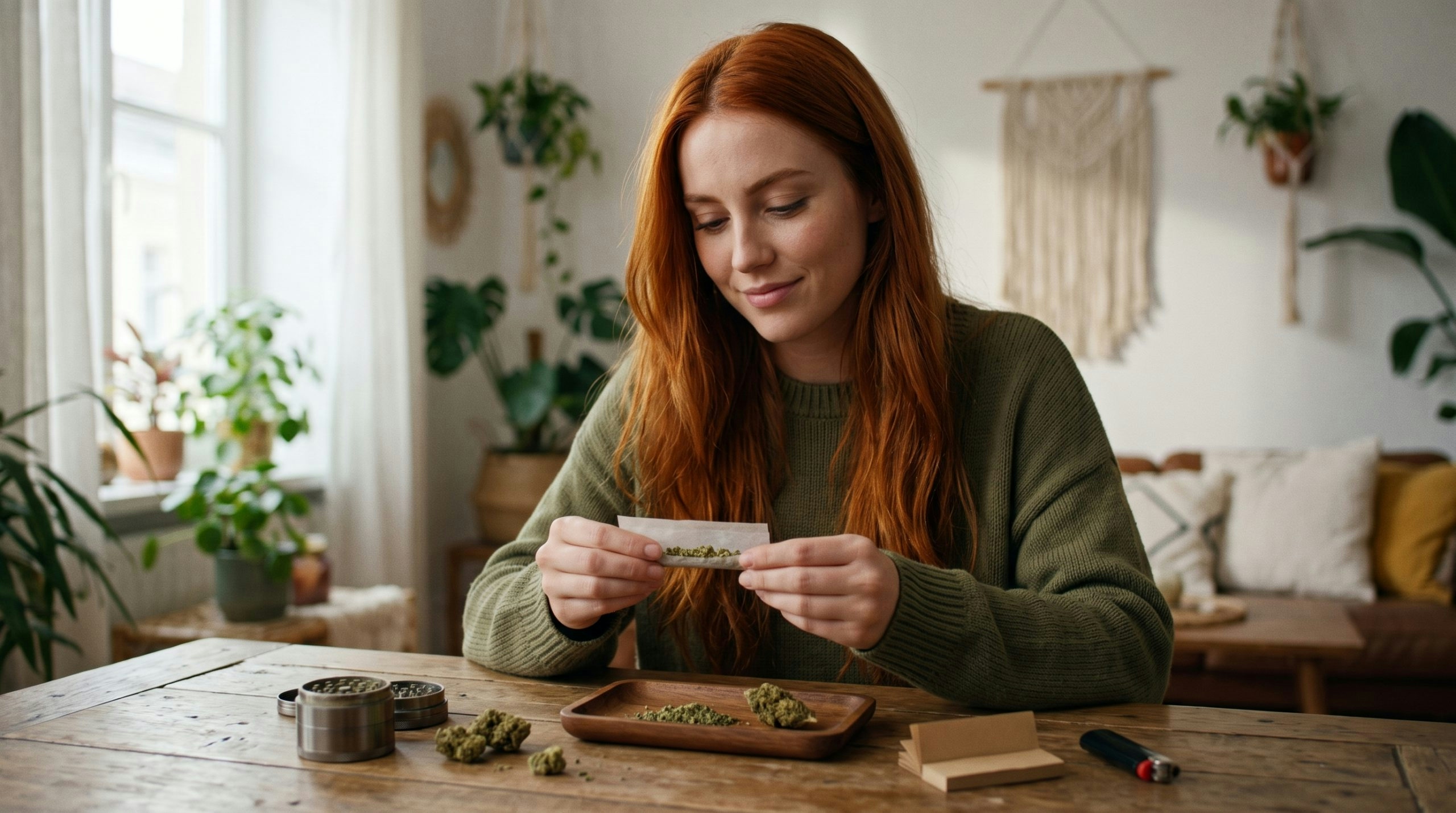 red-haired woman hand-rolling a joint