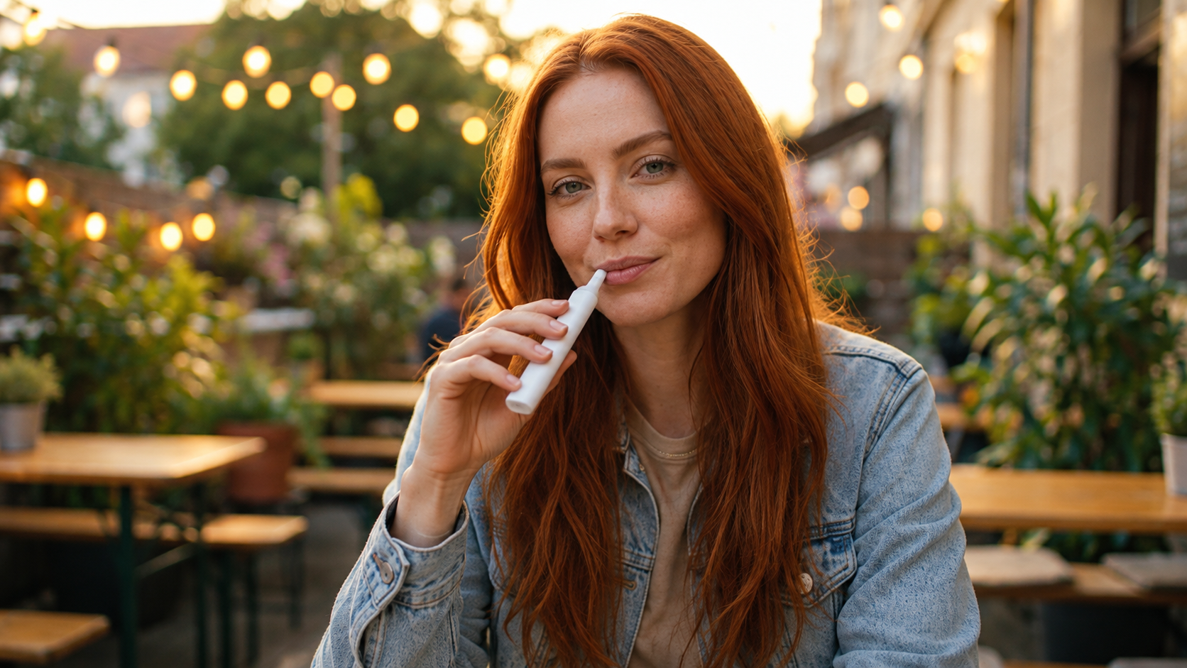 woman smoking from a vape outdoors