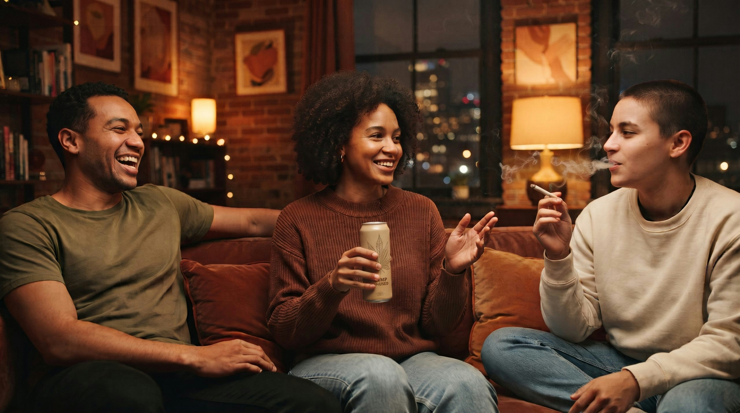 Relaxed friends hanging out in a cozy room sharing cannabis and drinks.