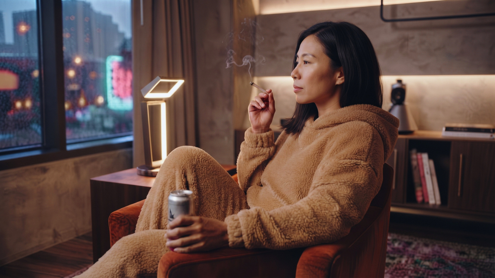 Relaxed woman holding a cannabis drink in a warm hotel interior.