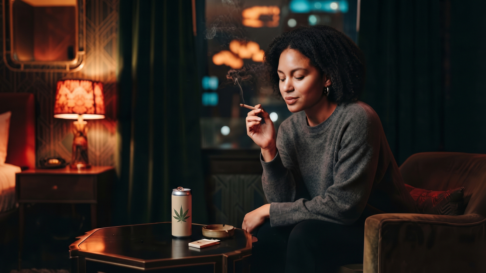 Relaxed woman enjoying cannabis with a THC drink in hotel.