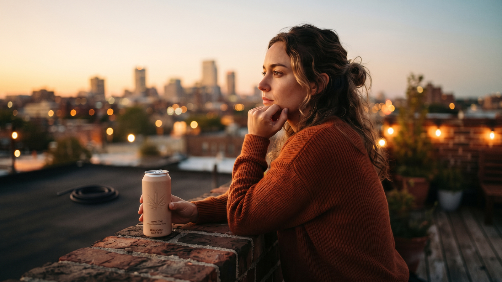 Woman gazing at city lights from a rooftop at sunset.