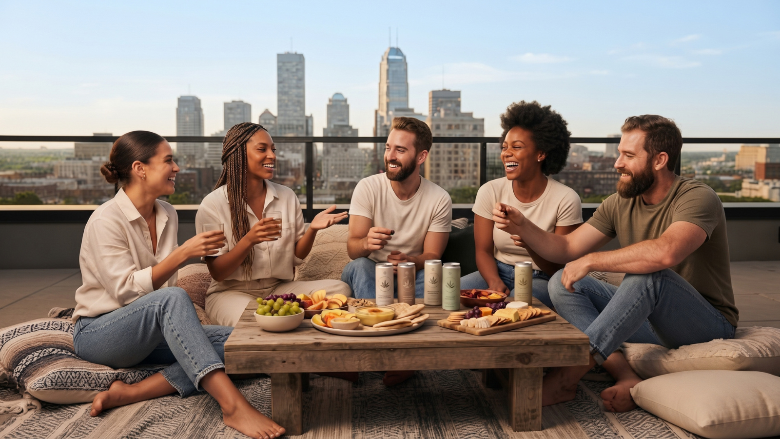 Friends sharing snacks and drinks on a rooftop during golden hour with city skyline.