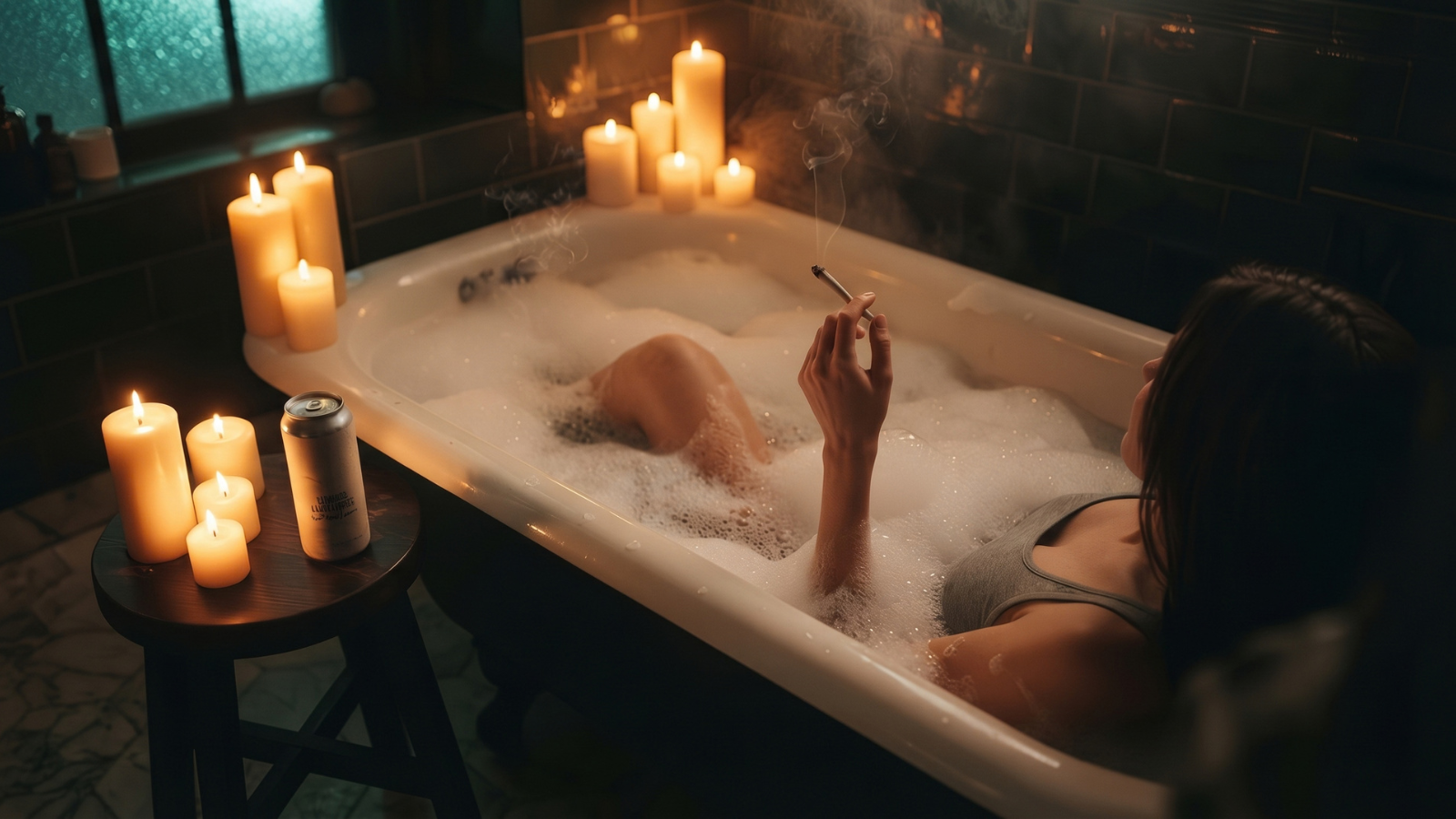 Relaxing in a warm candlelit bath while holding a lit cannabis joint.