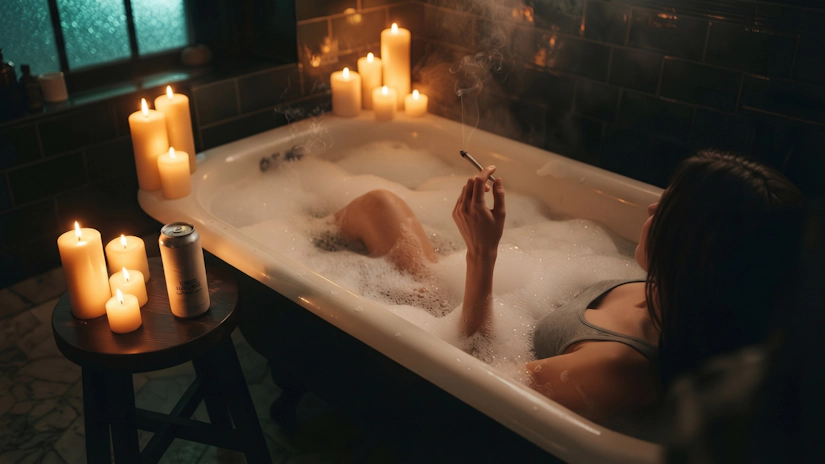 Relaxing in a warm candlelit bath while holding a lit cannabis joint.