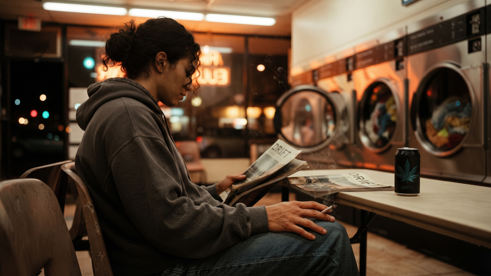 Person reading a magazine and holding a joint inside a late-night laundromat.