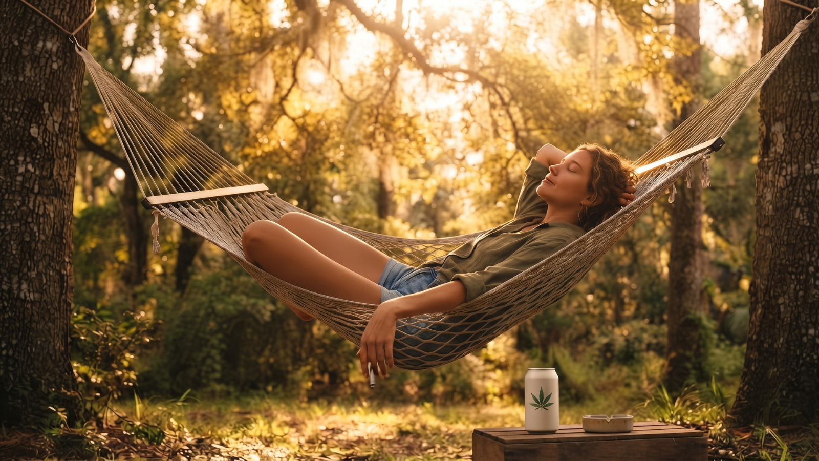Woman relaxing in a hammock with a joint and a THC beverage at golden hour.