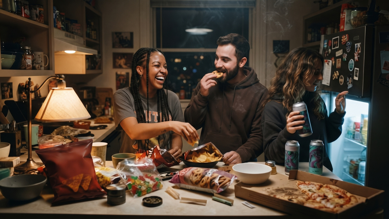 Friends sharing snacks and THC drinks in a cozy late-night apartment kitchen.