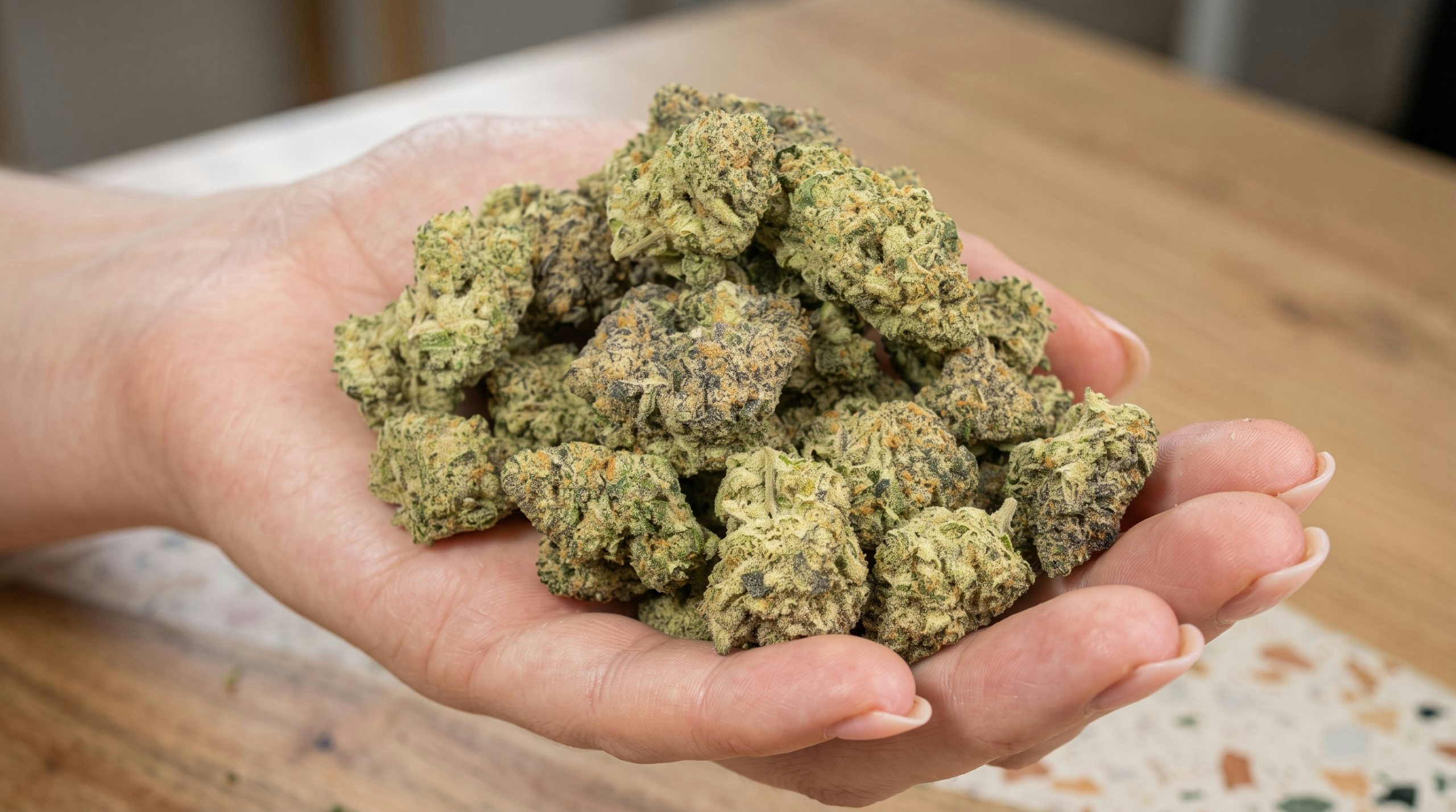 hand holding a lot of cannabis buds
