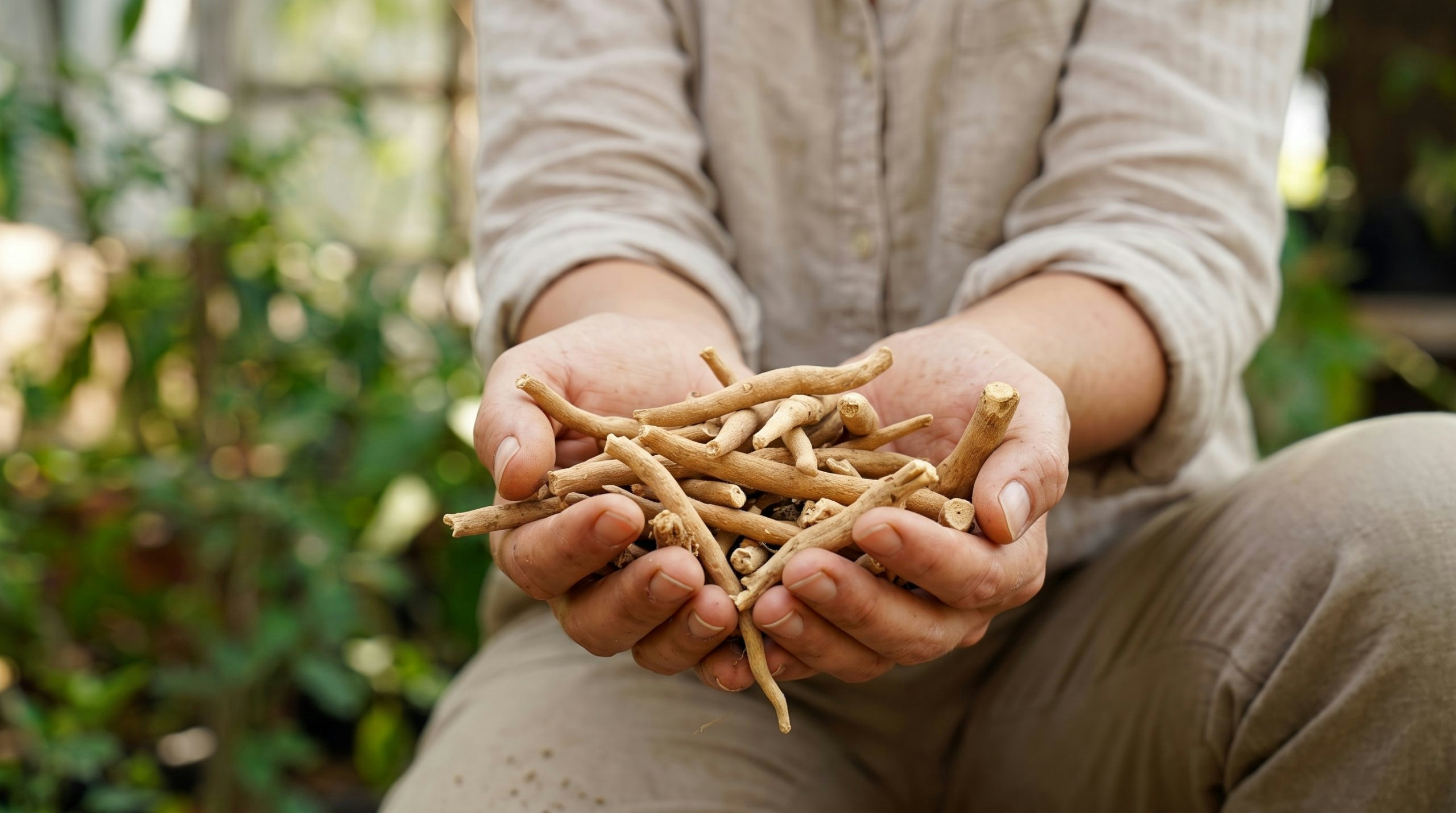 woman holding some ashwagandha roots in a garden