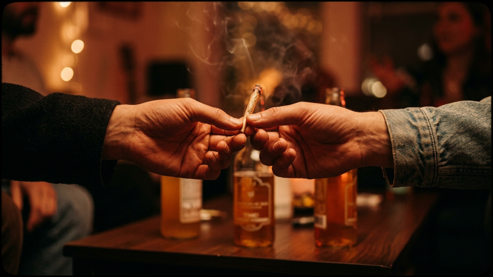 Two friends hand passing a lit cannabis joint at a house party.
