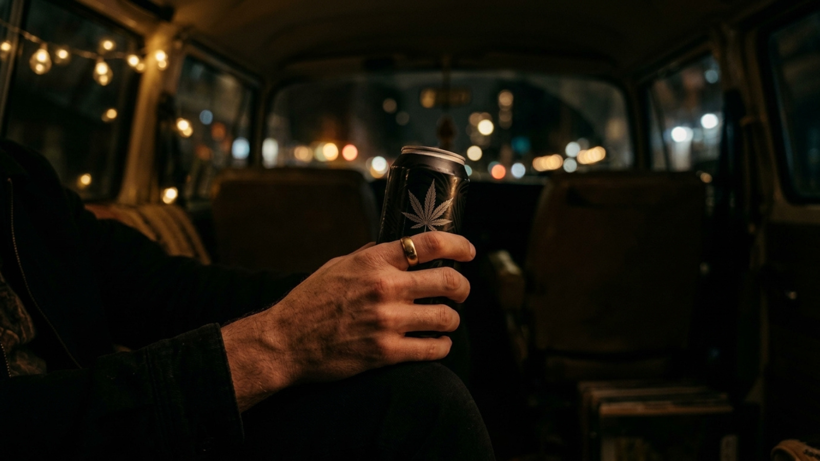 Close up of hands holding a cannabis infused drink in warm lighting.