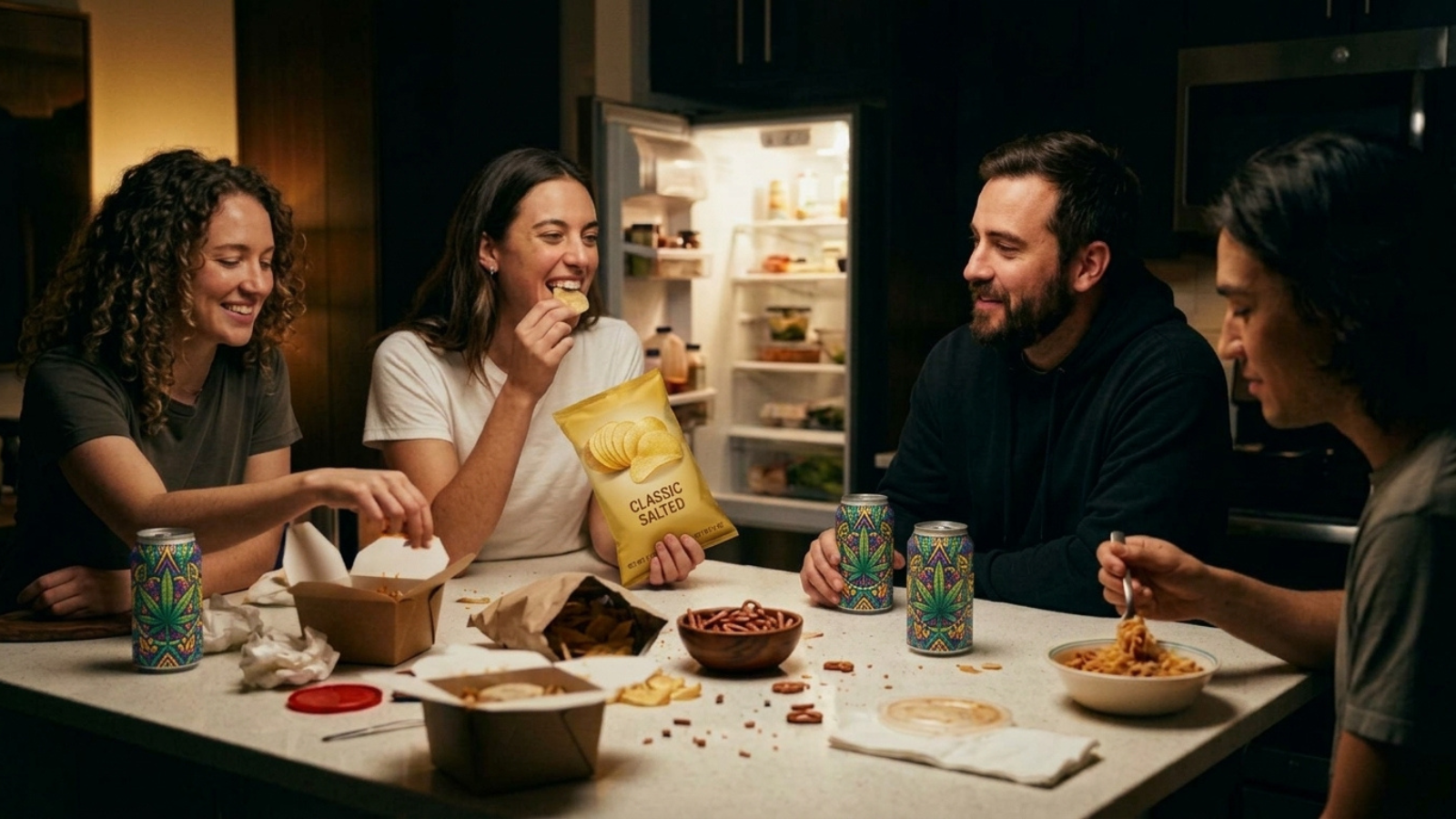 Group sharing snacks and infused cannabis drink cans in late-night kitchen
