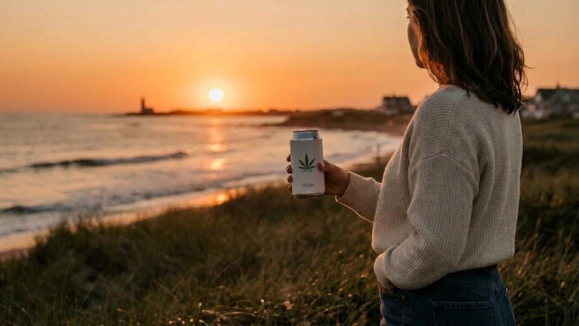 Over-the-shoulder view of woman holding cannabis beverage at sunset beach
