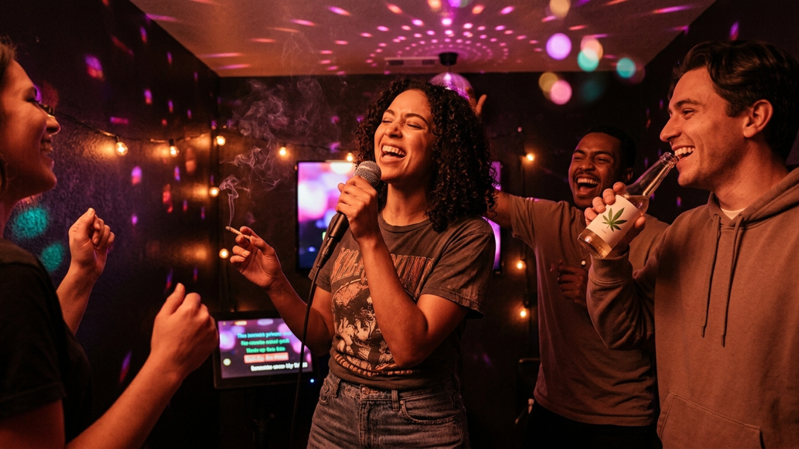 Friends with joint and microphone sing karaoke amidst pink and purple light.