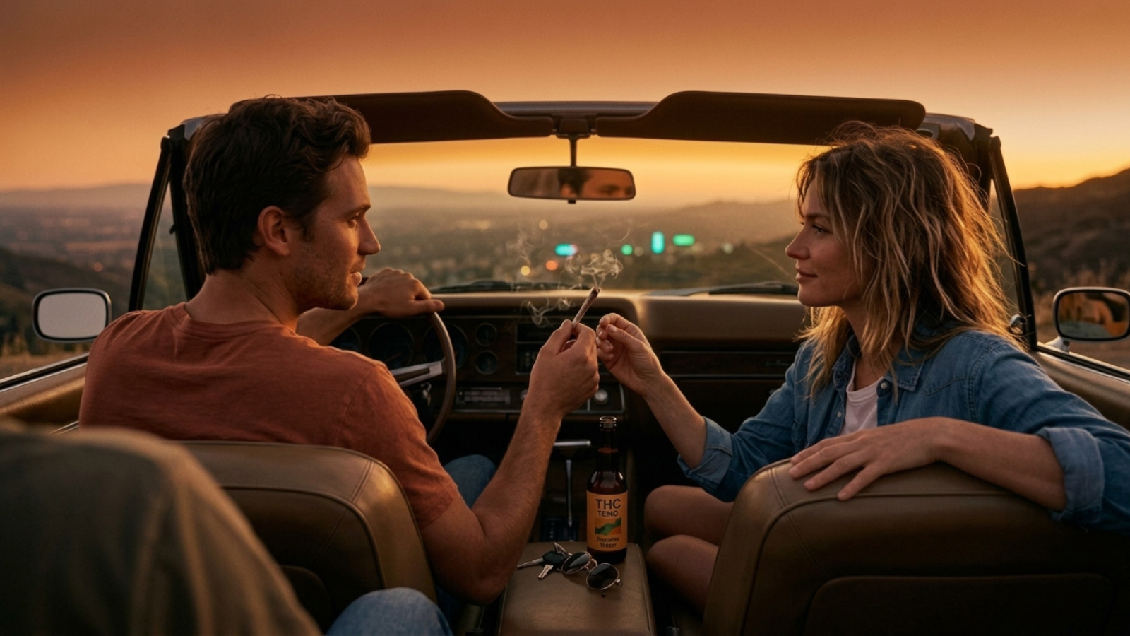 Couple in convertible passing joint at sunset overlook in golden hour.