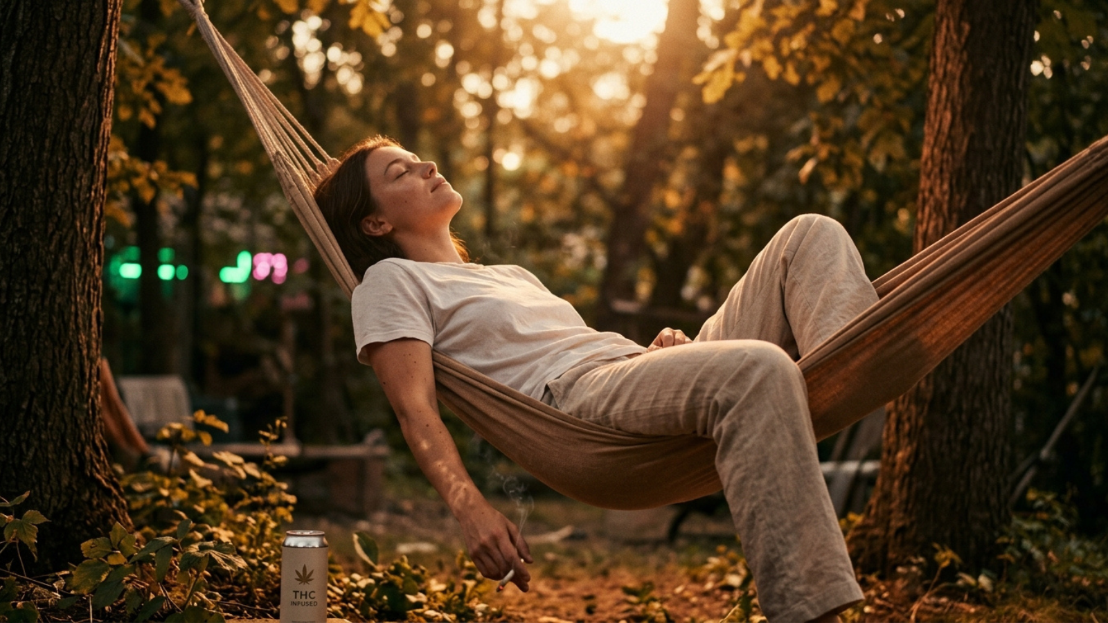 Person relaxing in hammock with joint and THC can under trees