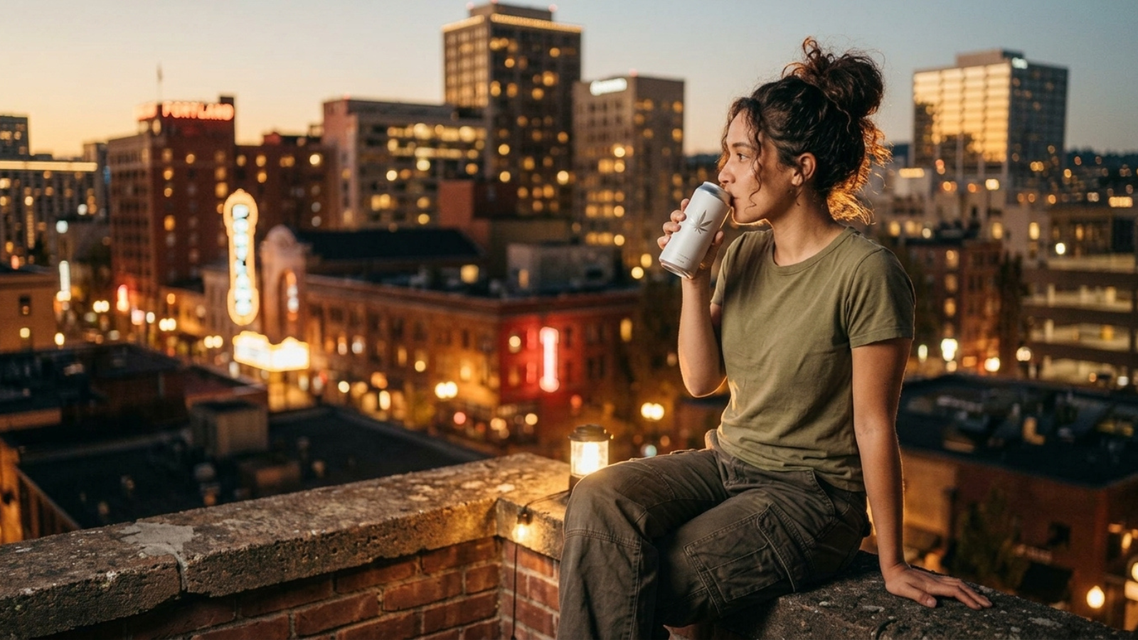 Woman with bun drinking from cannabis can on rooftop ledge at night.
