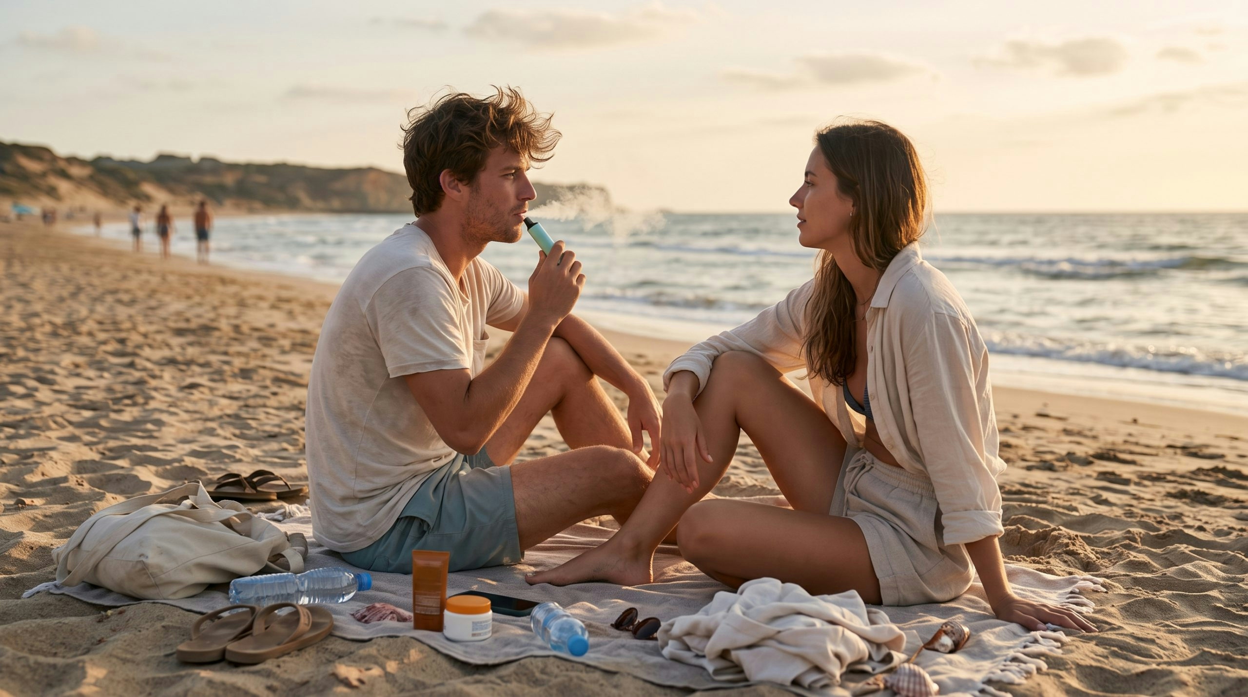 couple vaping at the beach