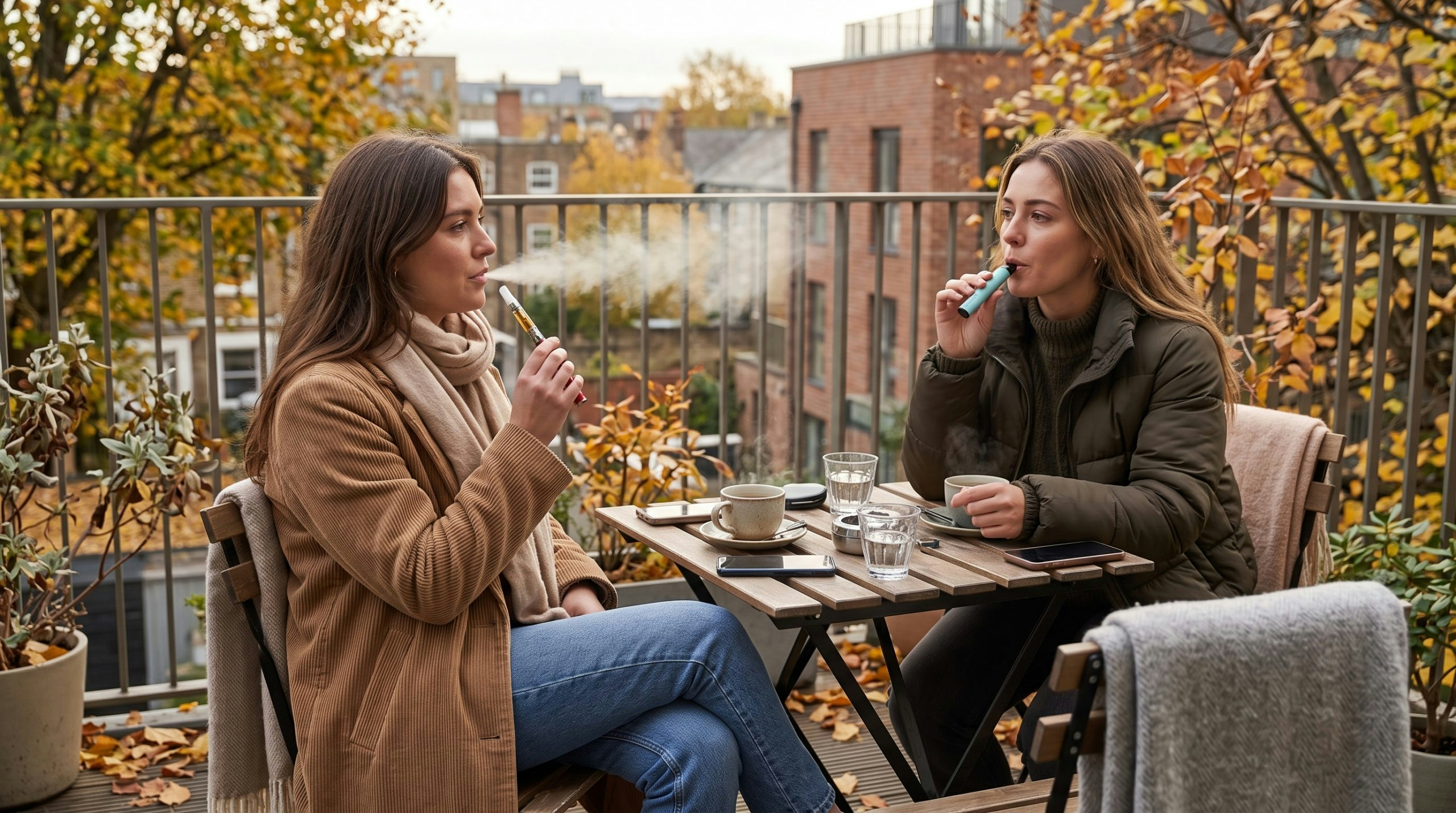 two friends vaping outdoors in the autumn