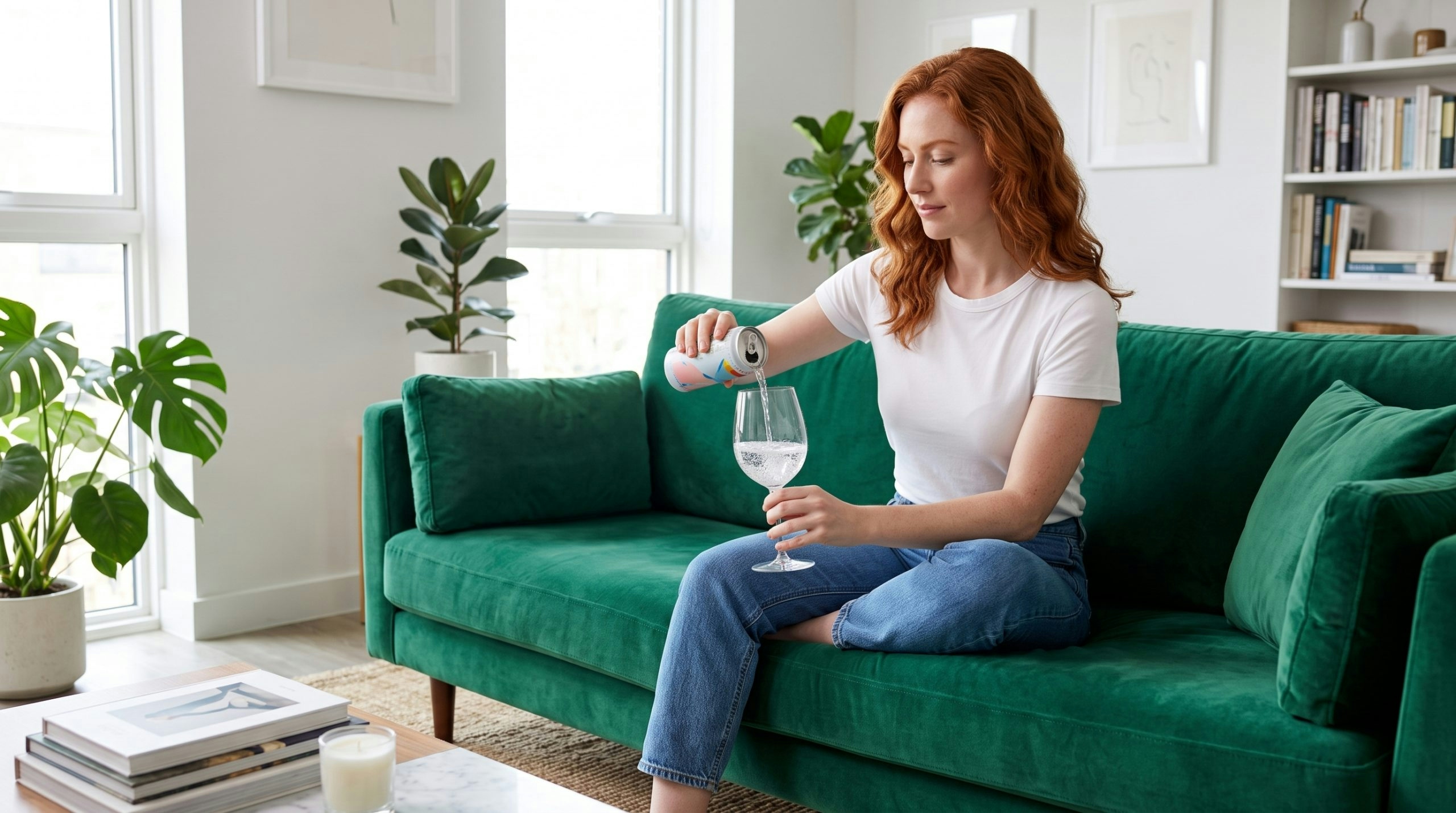 woman having a thc drink in her house