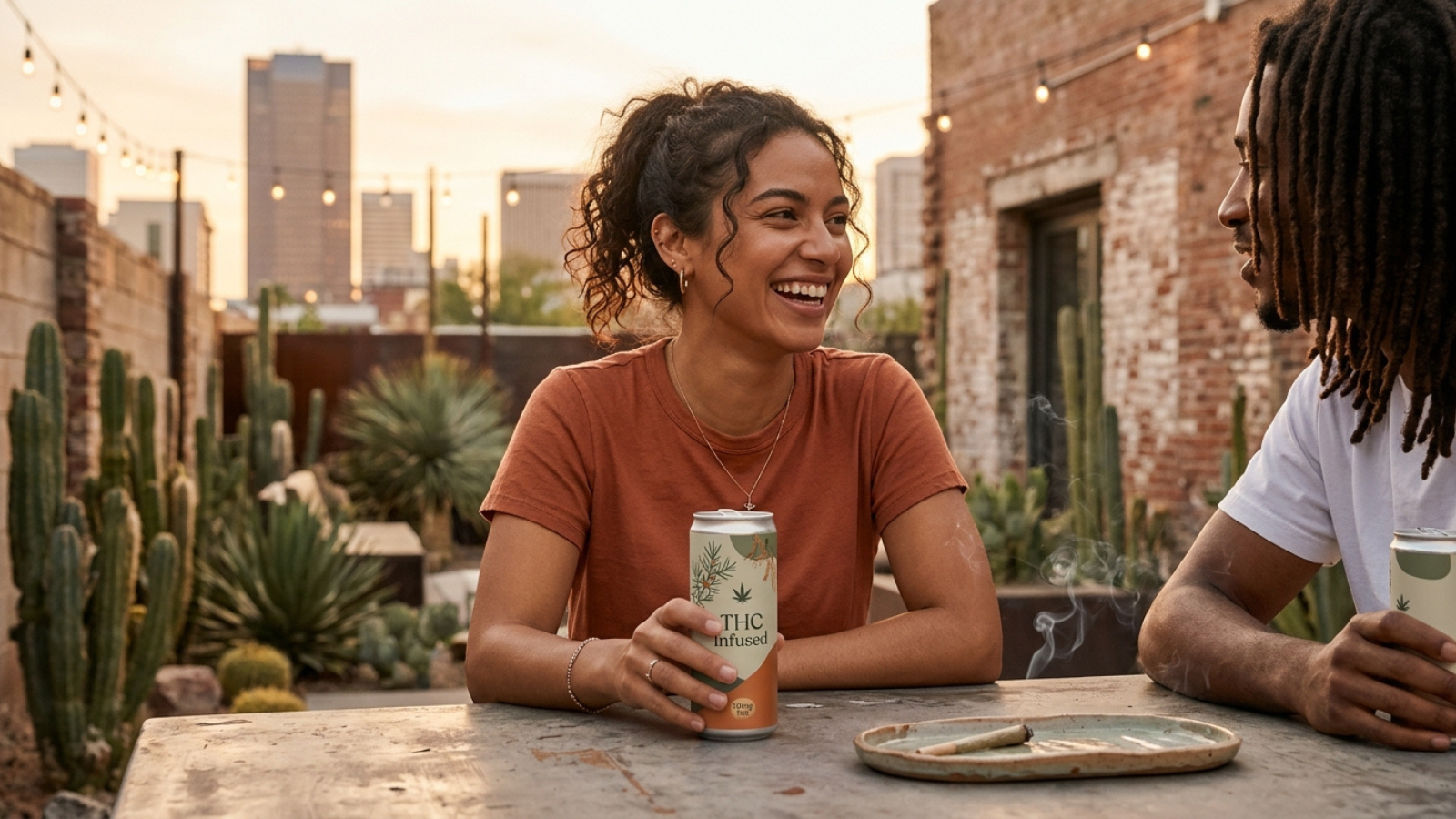 Friends sharing THC-infused drink and joint on sunny urban patio