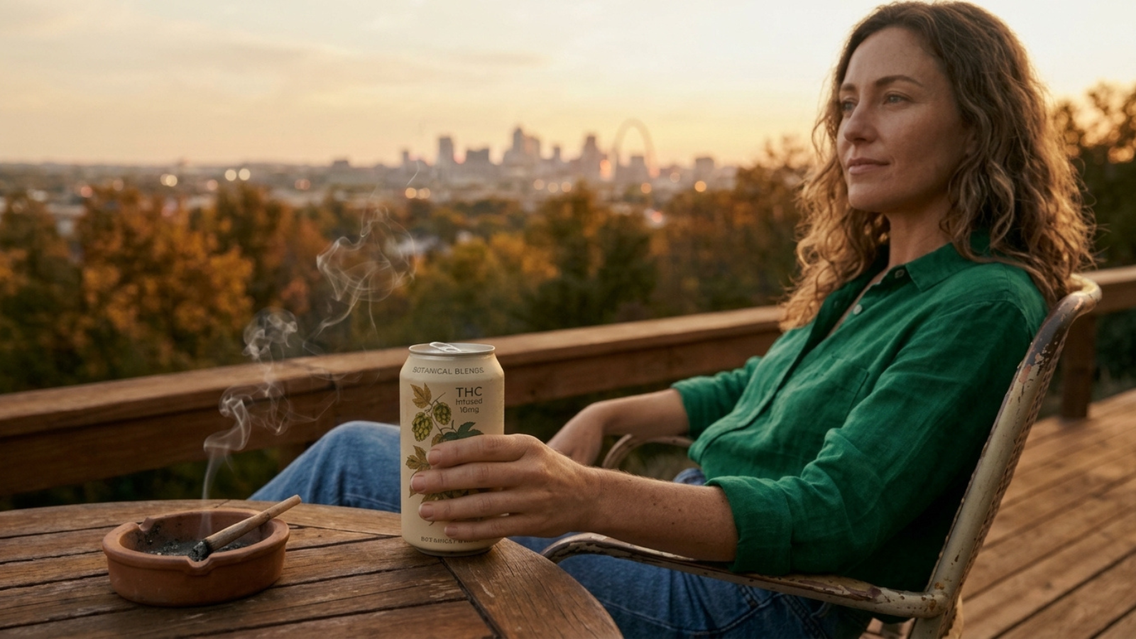 Relaxed woman enjoying THC infused drink with lit joint on deck.