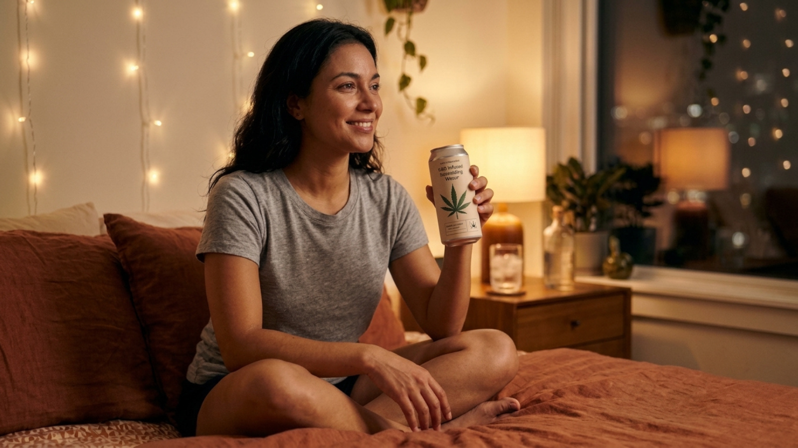 Relaxed woman holding a hemp-infused sparkling drink in a warm bedroom.
