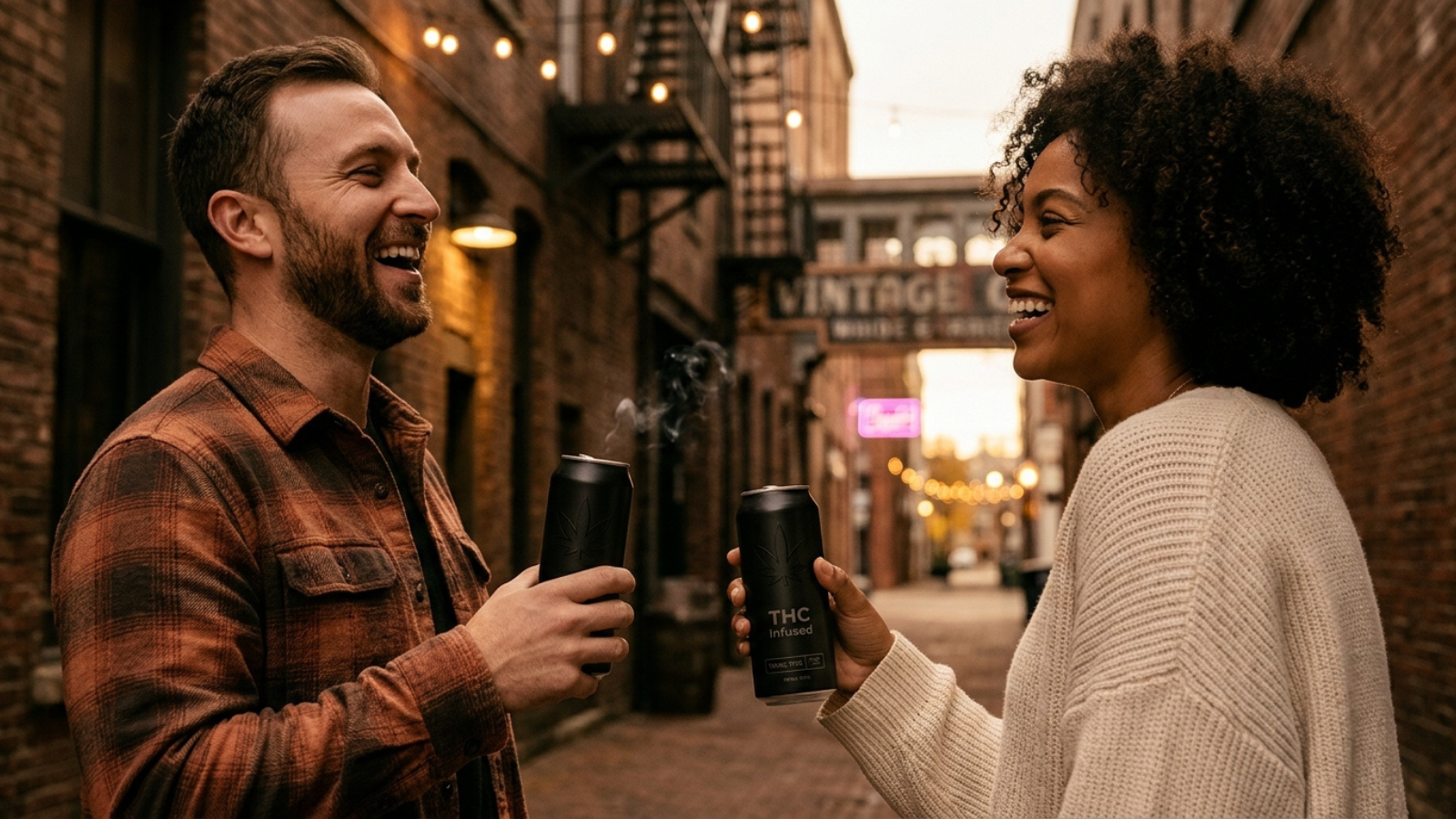 Two friends laughing in a downtown brick alley holding THC infused drinks