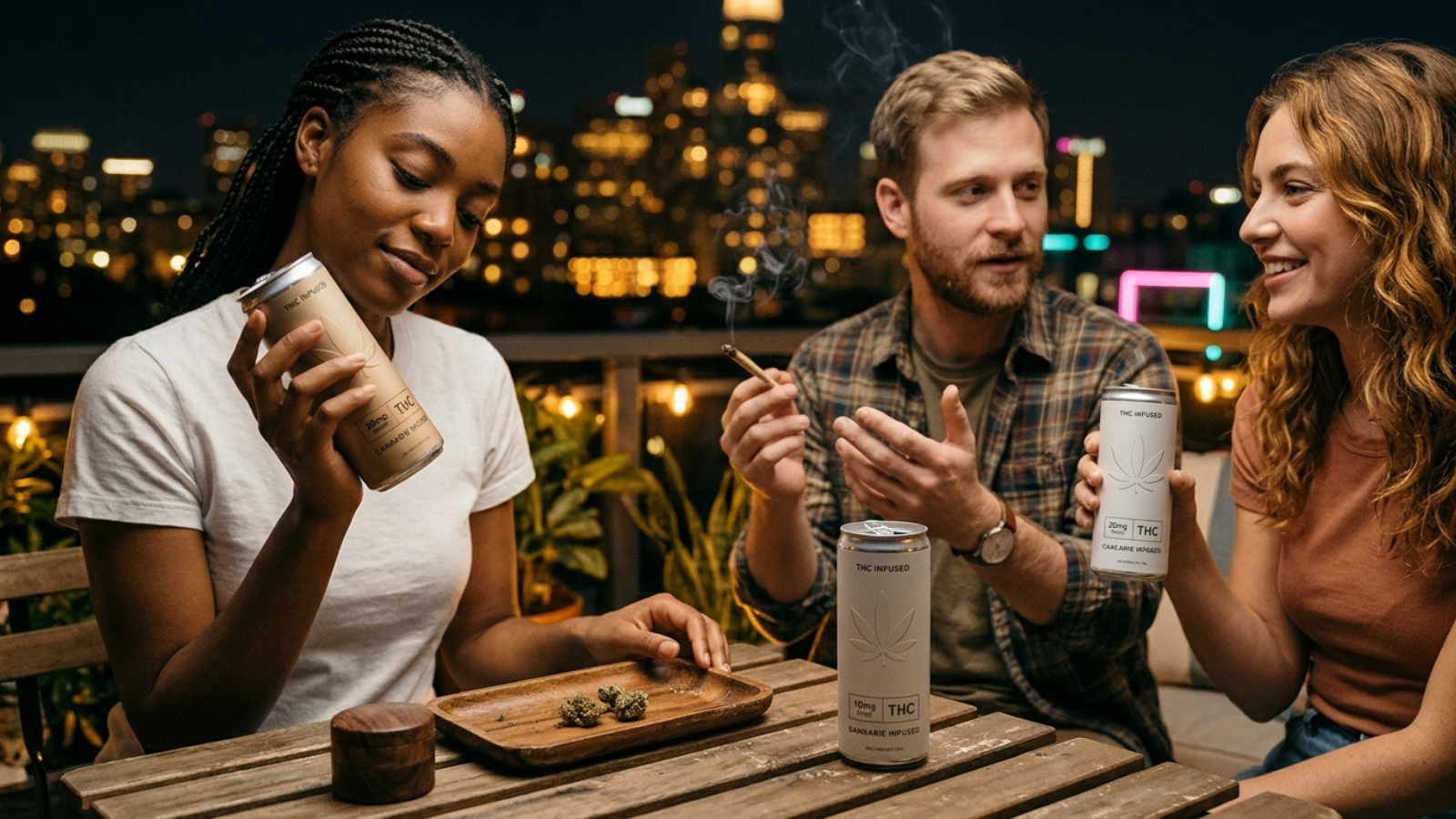 Friends drinking THC infused beverages on a rooftop terrace at night