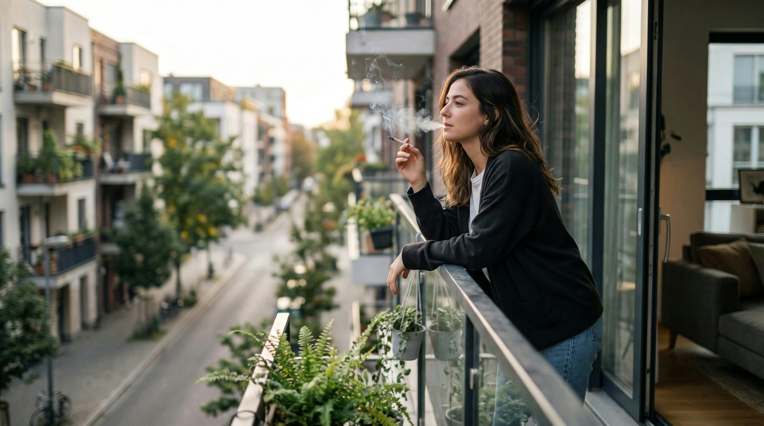 woman smoking a joint in a balcony