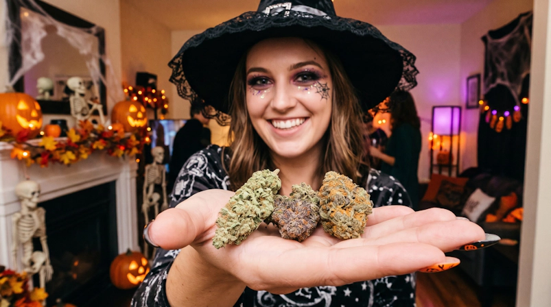 WOMAN WITH A HALLOWEEN COSTUME HOLDING DIFFERENT CANNABIS BUDS