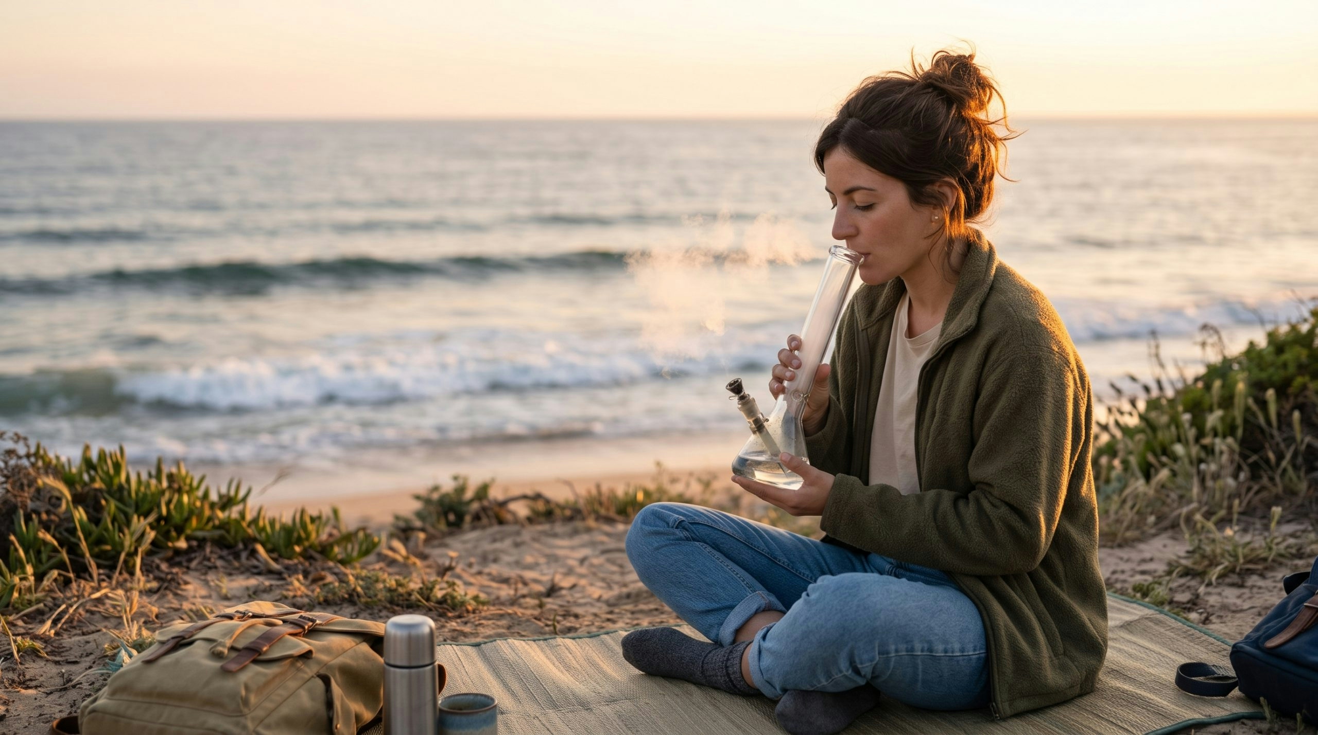 woman smoking from a bong by the beach