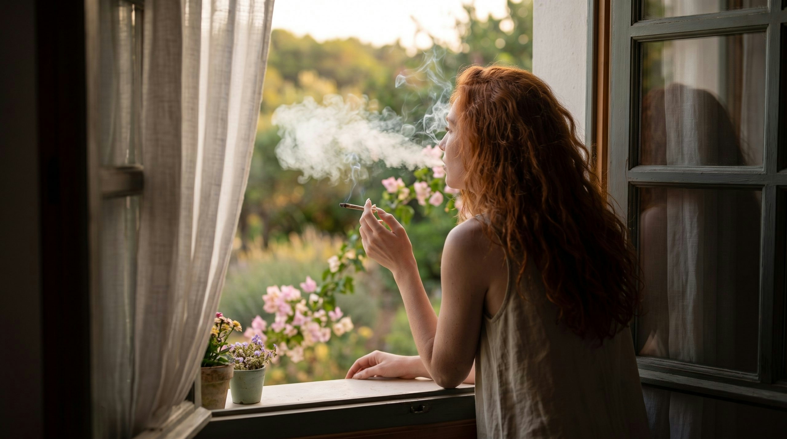 woman smoking a joint watching outside a window