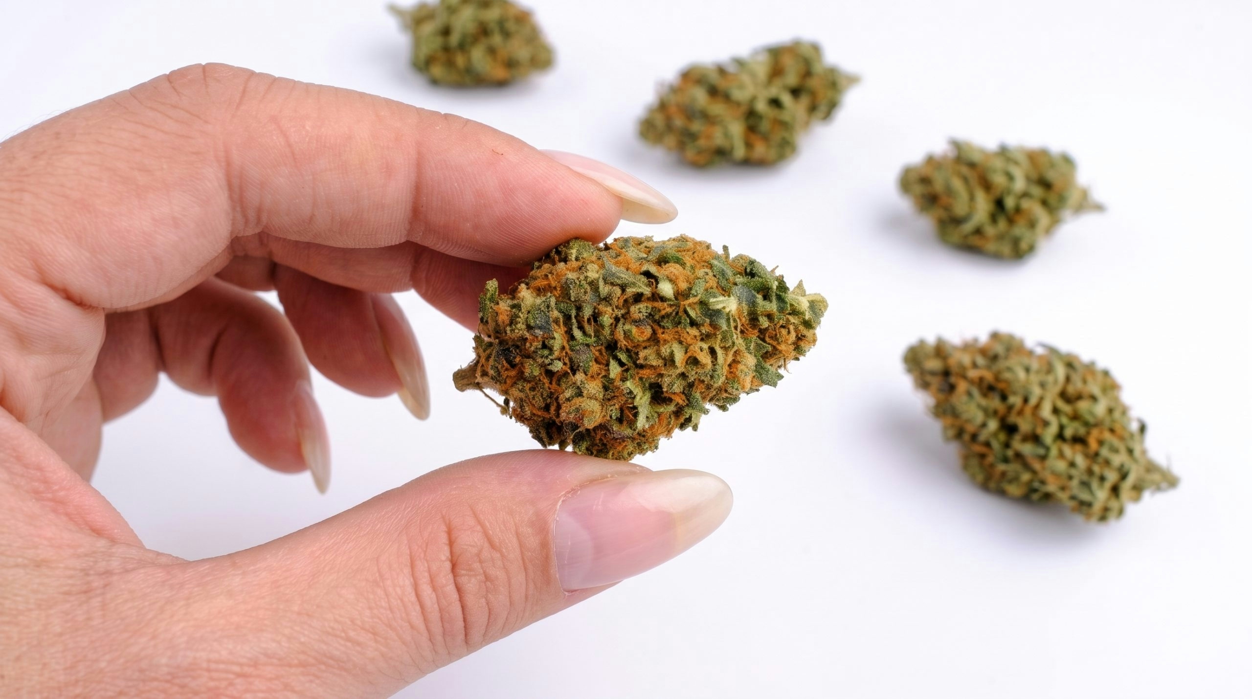 hand grabbing a cannabis bud from a table