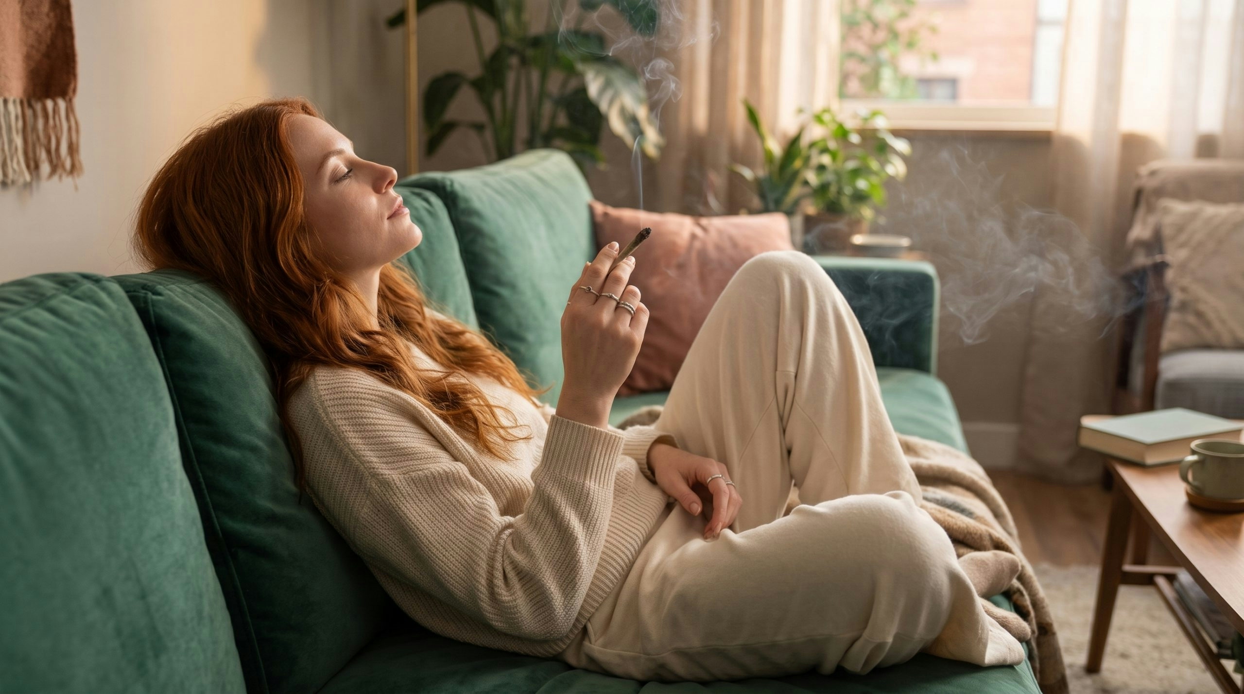 woman smoking the blue coffee strain on her couch