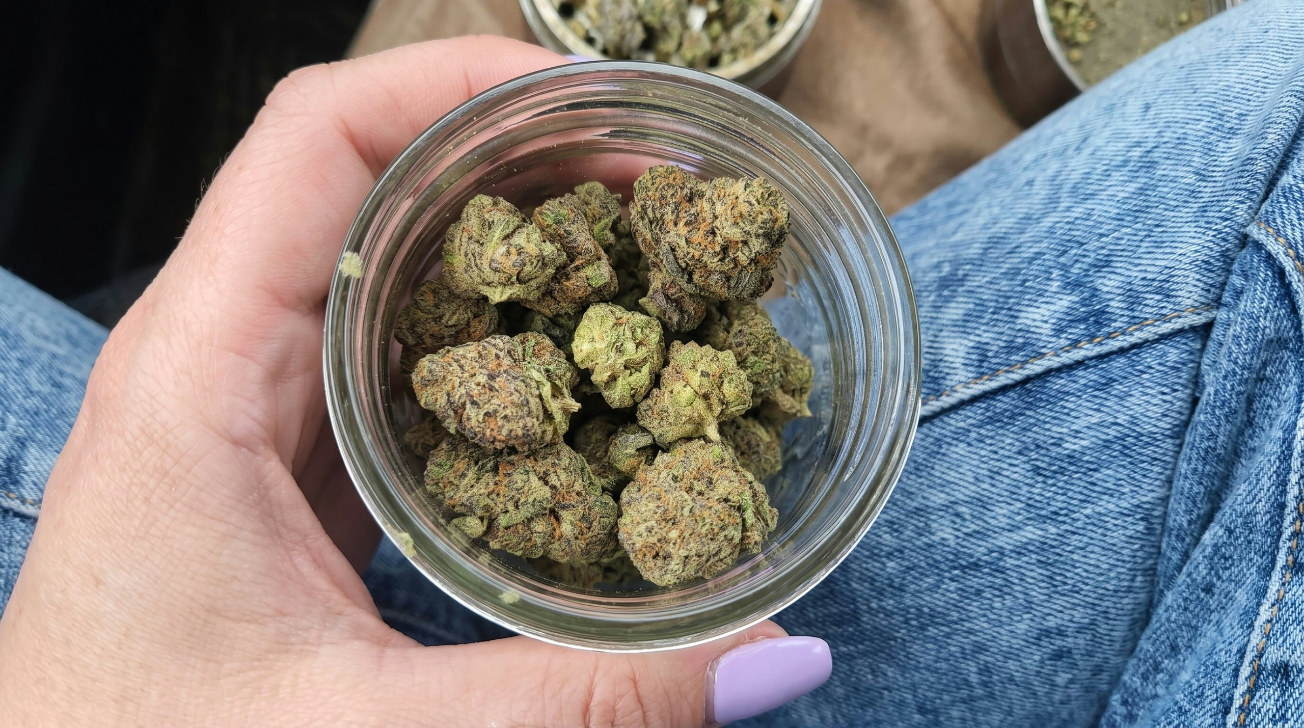 person holding a mason jar full of cannabis buds