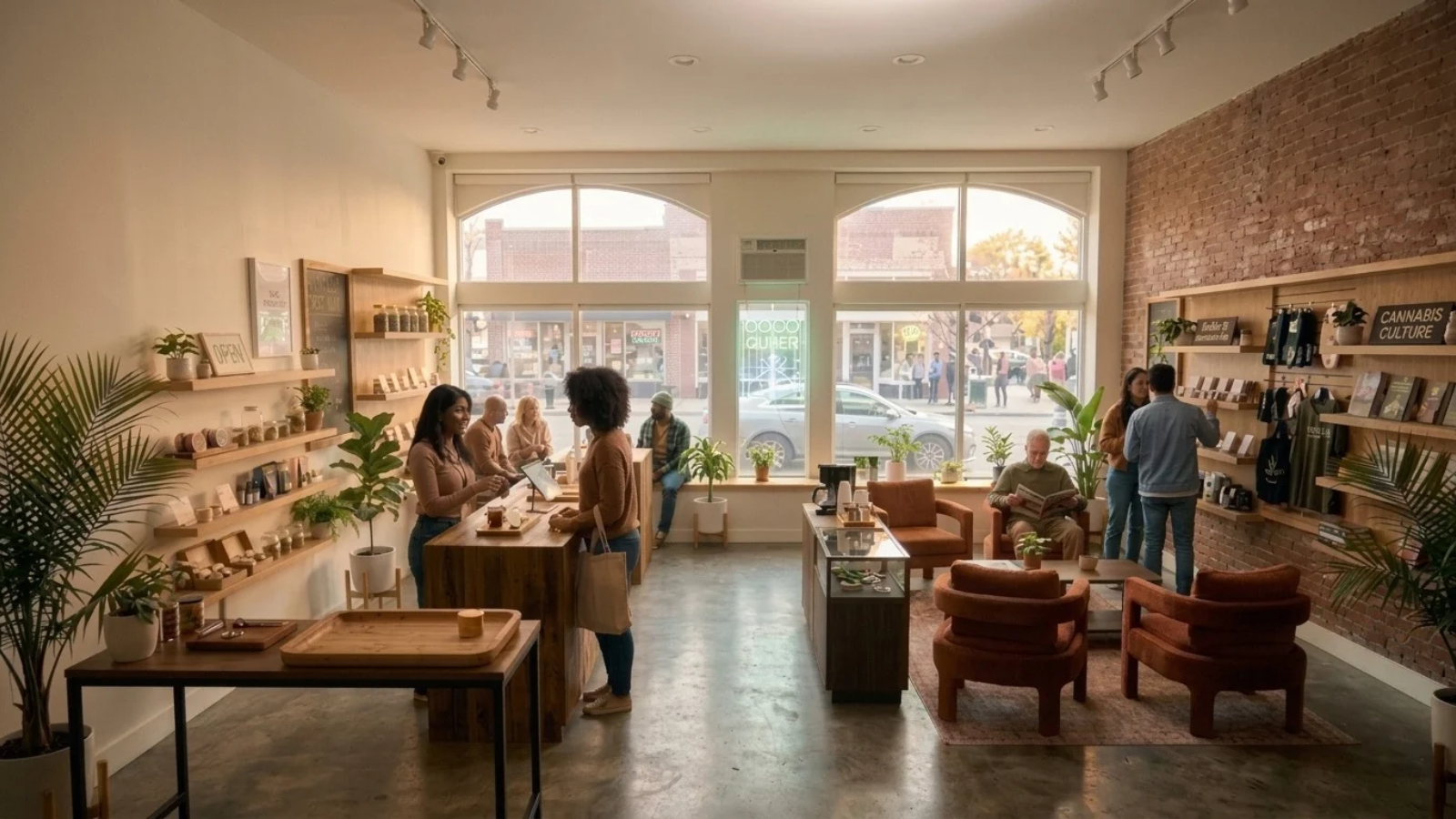 Busy cannabis store interior featuring customer service counter and relaxed seating