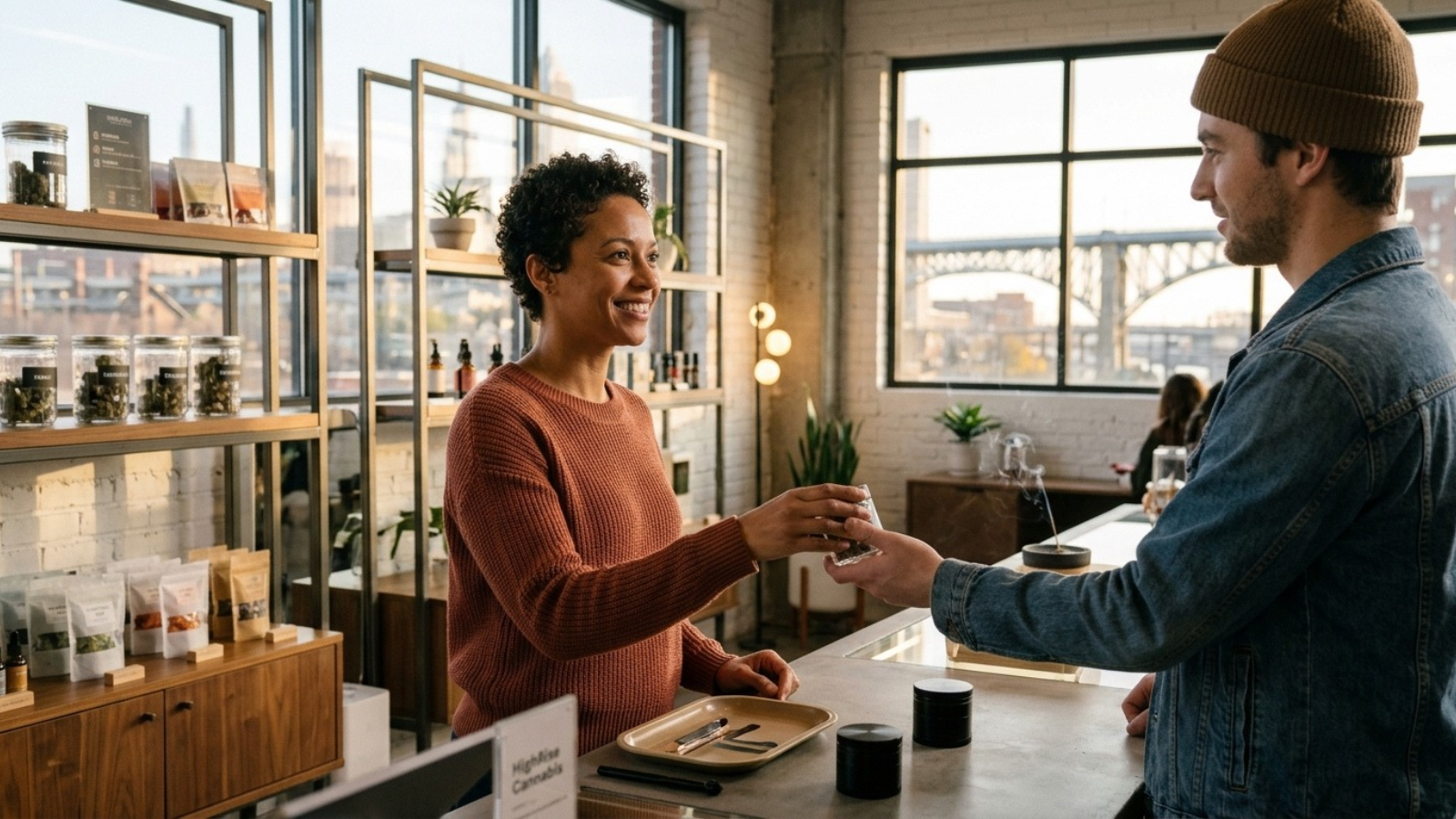 Customer purchasing cannabis at modern Cleveland dispensary counter during golden hour