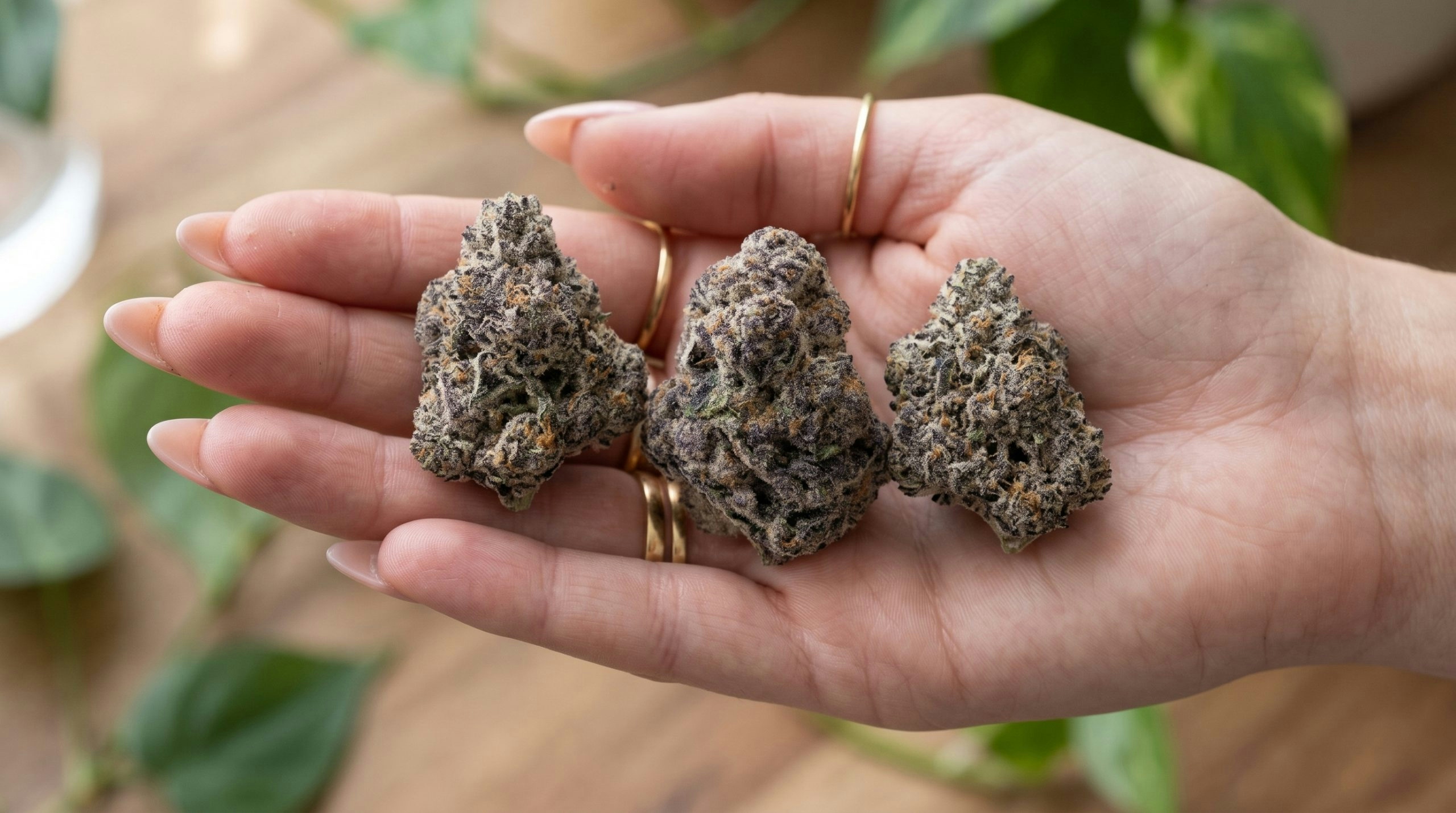 hand holding 3 cannabis buds