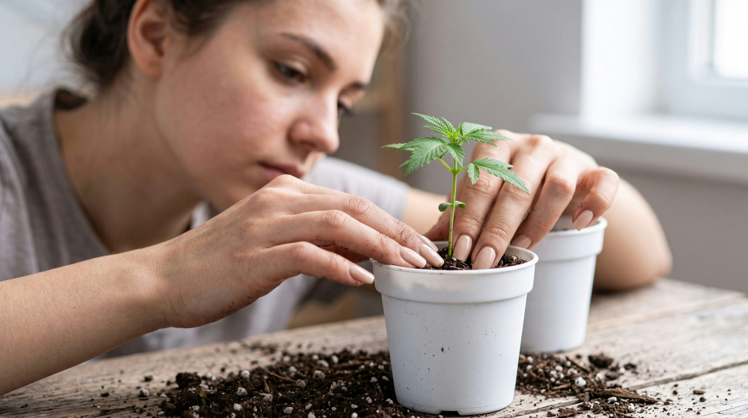 woman plating a cannabis plant