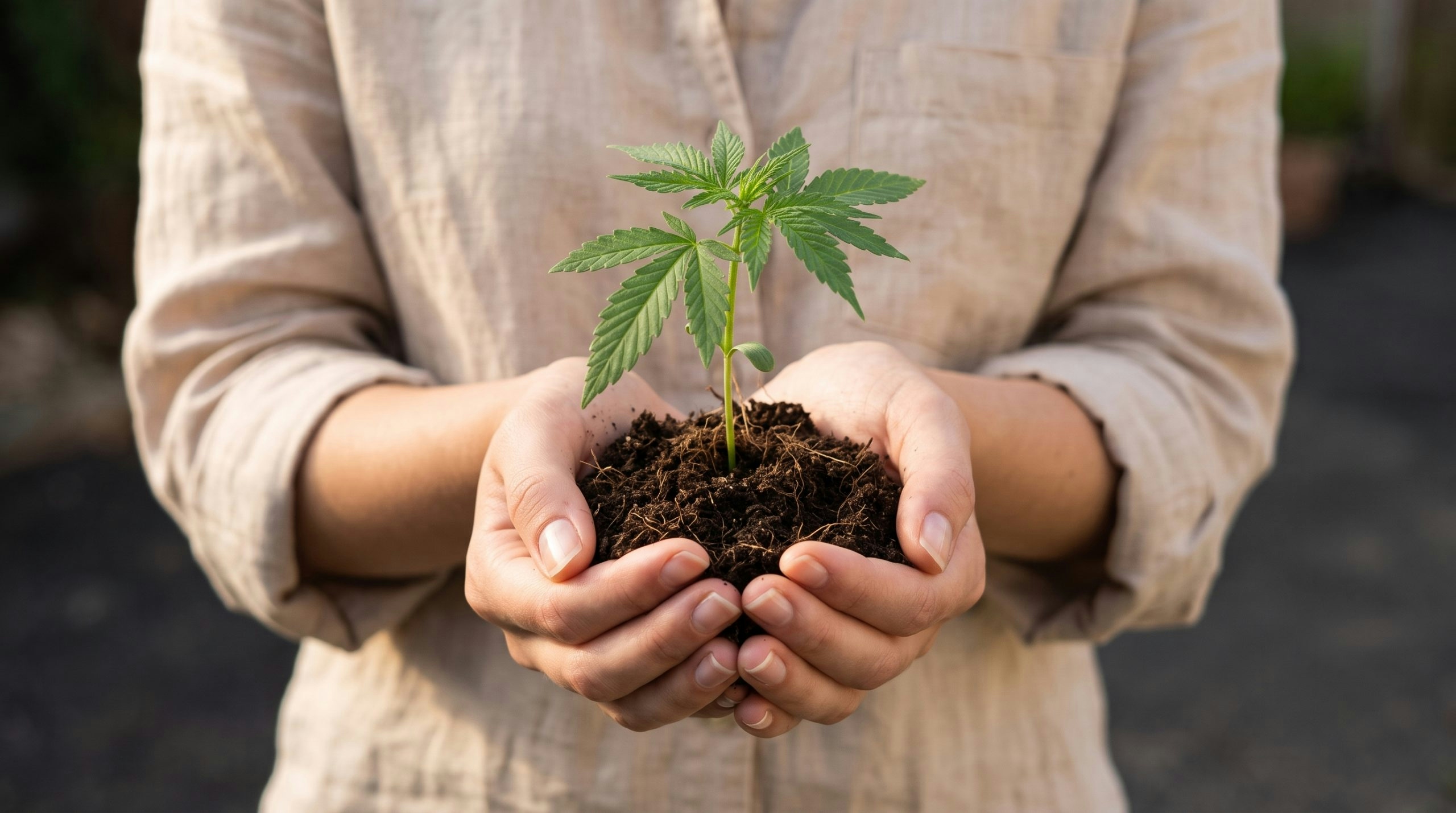 woman holding a cannabis plant in her hands