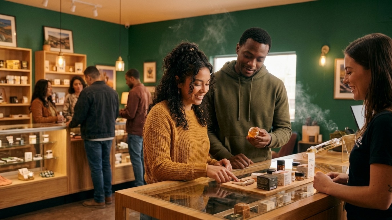 Local cannabis lovers chatting and discovering natural products in a cozy green shop.