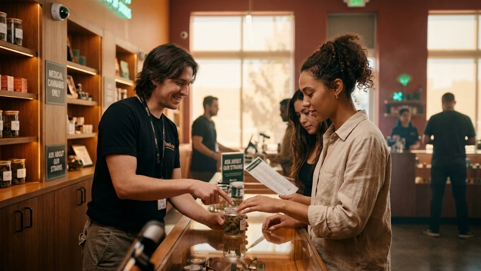 Friendly budtender assisting a customer with cannabis jar selection at wooden dispensary counter.